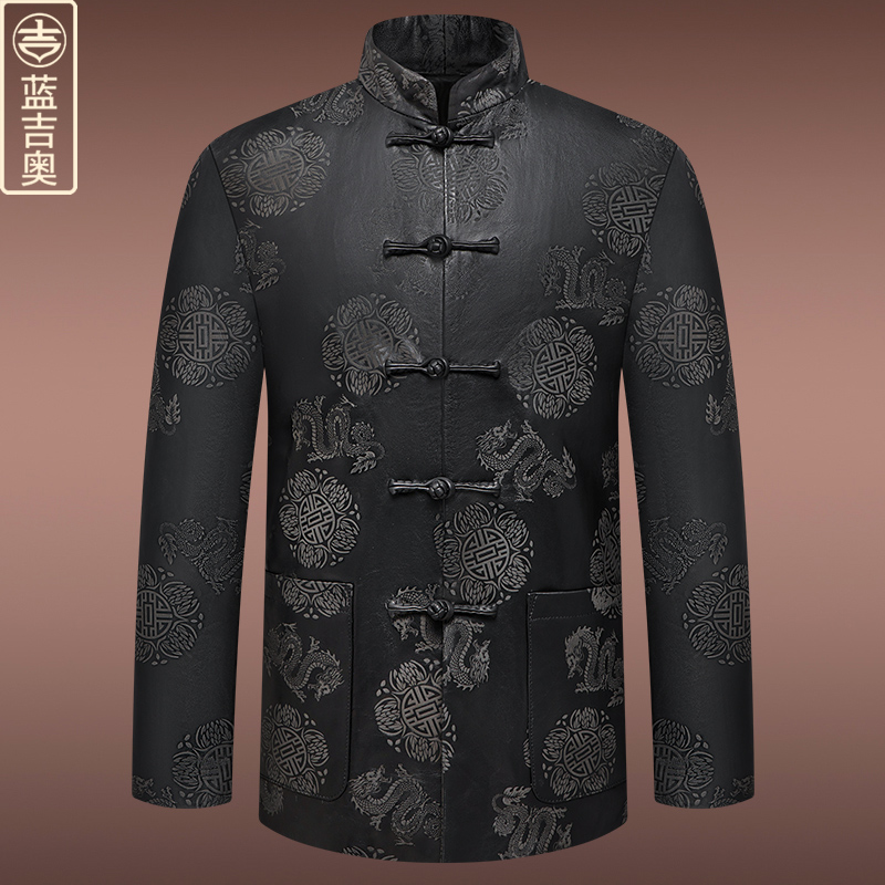 中青年男士真皮唐装中国风外套