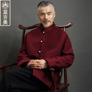 中老年人唐装男羊毛呢子大衣爸爸爷爷老人衣服装中山装中国风外套