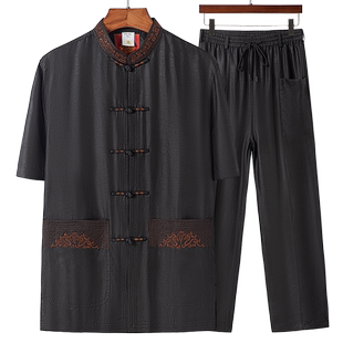 香云纱唐装男夏季短袖真丝桑蚕丝莨绸套装中式男装爷爷中国风上衣
