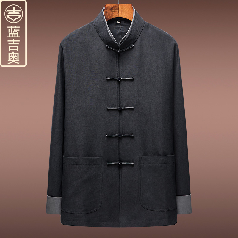 高端重磅真丝唐装男连袖桑蚕丝上衣中式男装中山装汉服中国风外套