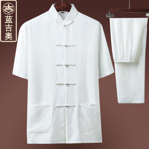 真丝唐装男夏季短袖绸缎太极服