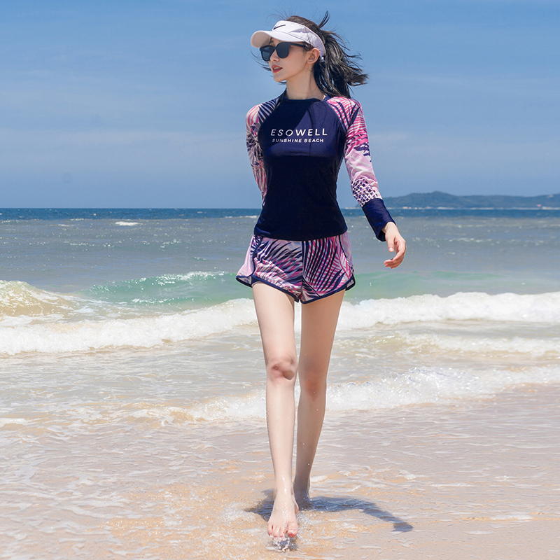 冬天水上乐园女泳衣微胖女孩长保守袖防晒两件Q套分体式游泳衣温