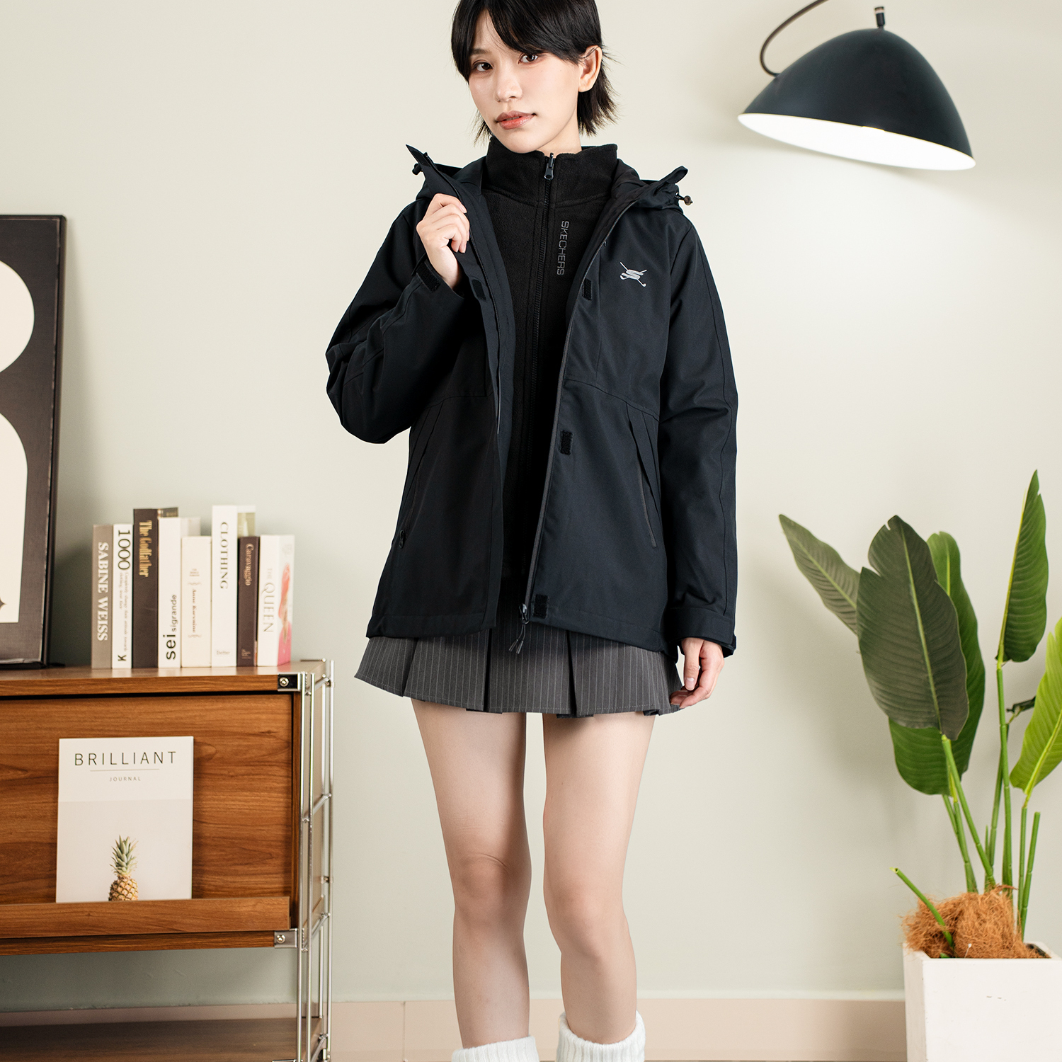 正品SKECHERS斯凯奇保暖防风连帽户外女运动休闲两件套P425W218