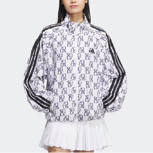 阿迪达斯女子聚酯纤维弹性舒适拒水防泼水满印宽松休闲风衣JY7702