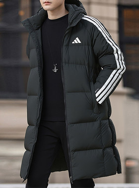 阿迪达斯加厚中长款羽绒服男秋冬连帽宽松运动服户外防风防水外套