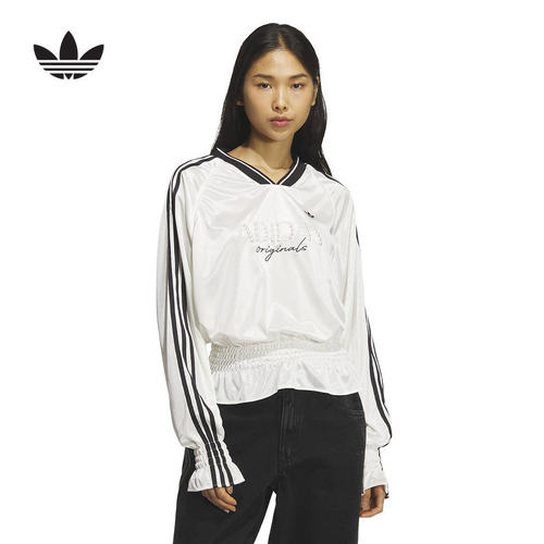 adidas阿迪达斯三叶草抽褶针织宽松球衣T恤春夏女长袖上衣 KS2879