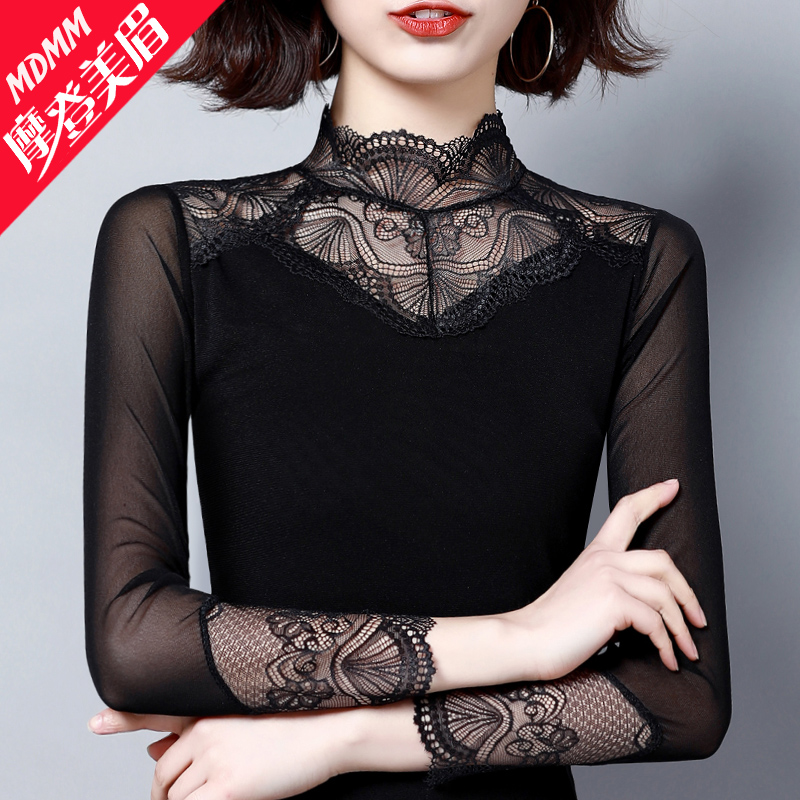 蕾丝打底衫t恤女2020春秋新款网纱百搭长袖高领加绒上衣修身小衫