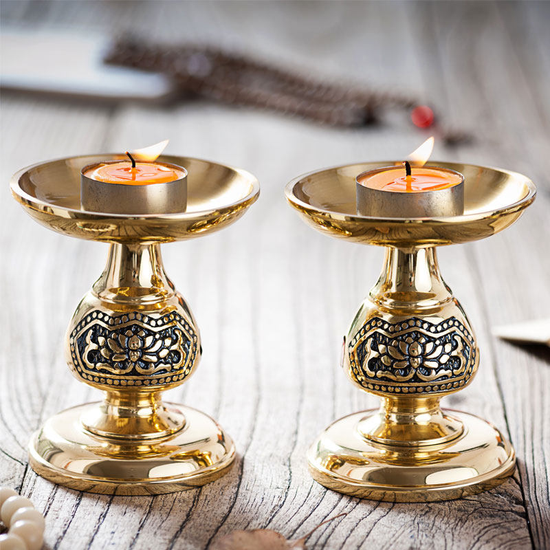 台湾铜烛台小莲花烛台 酥油灯座灯架供佛蜡烛台黄铜雕刻1对价