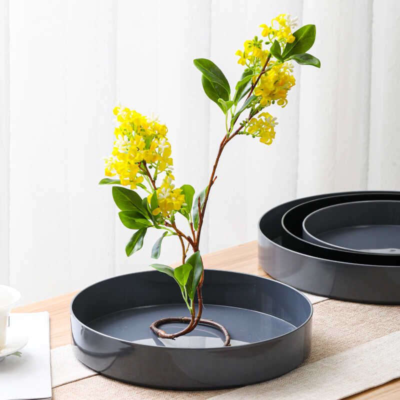 塑料圆盘水盘花器复古中式日式插花器皿小原流剑山插花器花盘花盆