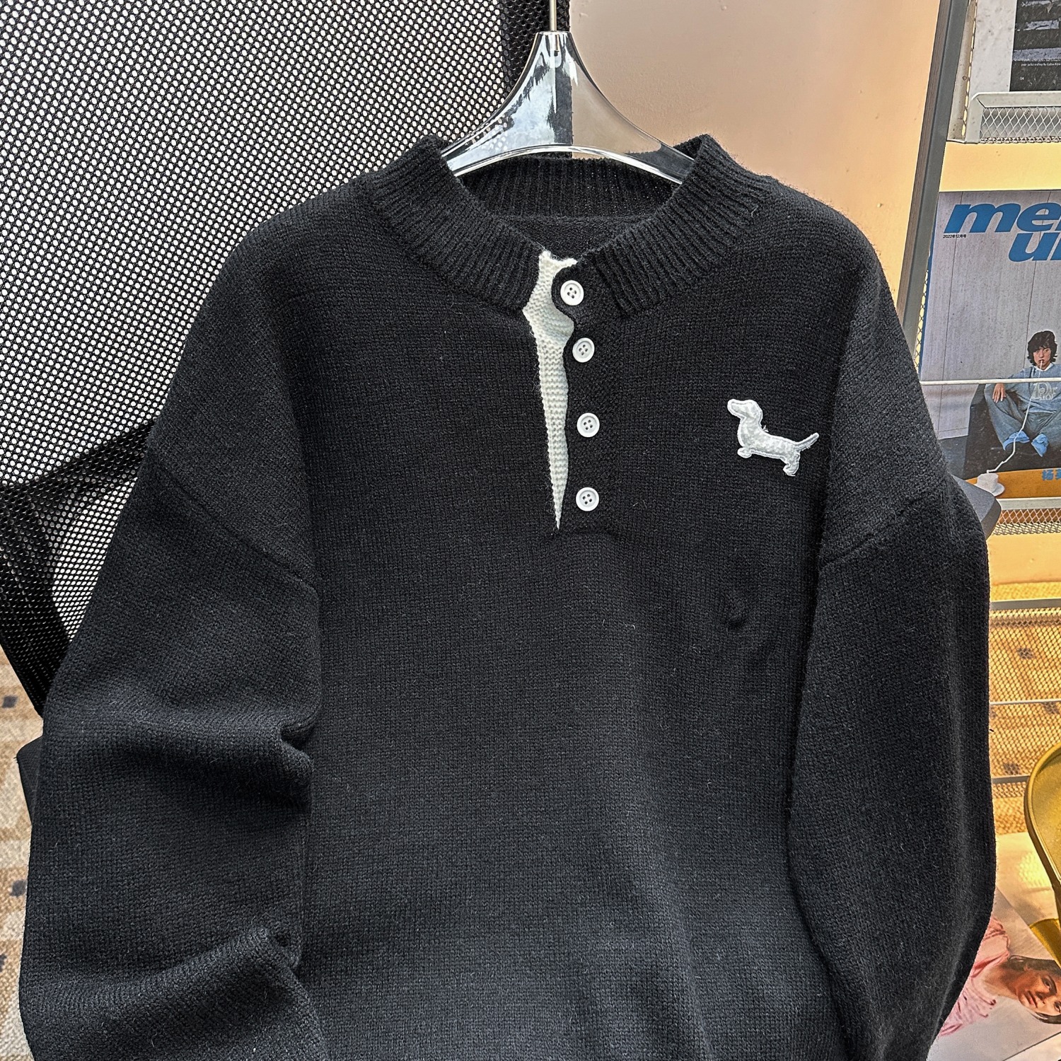 复古亨利领小狗刺绣针织衫毛衣男女宽松情侣套头衫秋冬款