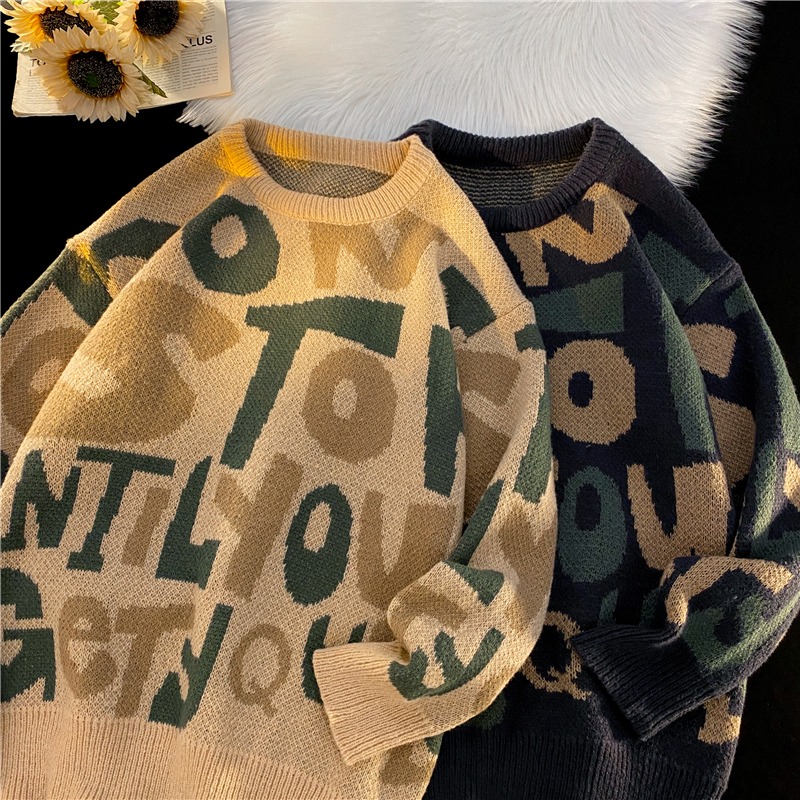 秋冬港风字母提花圆领毛衣男宽松复古针织衫潮流休闲上衣