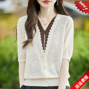 妈妈夏装洋气假两件针织衫女装新款桑蚕丝羊毛短袖T恤减龄上衣女T