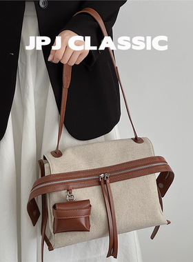 jpjclassic挂耳系列早春棉麻邮差包单肩斜挎通勤包城市风腋下软包