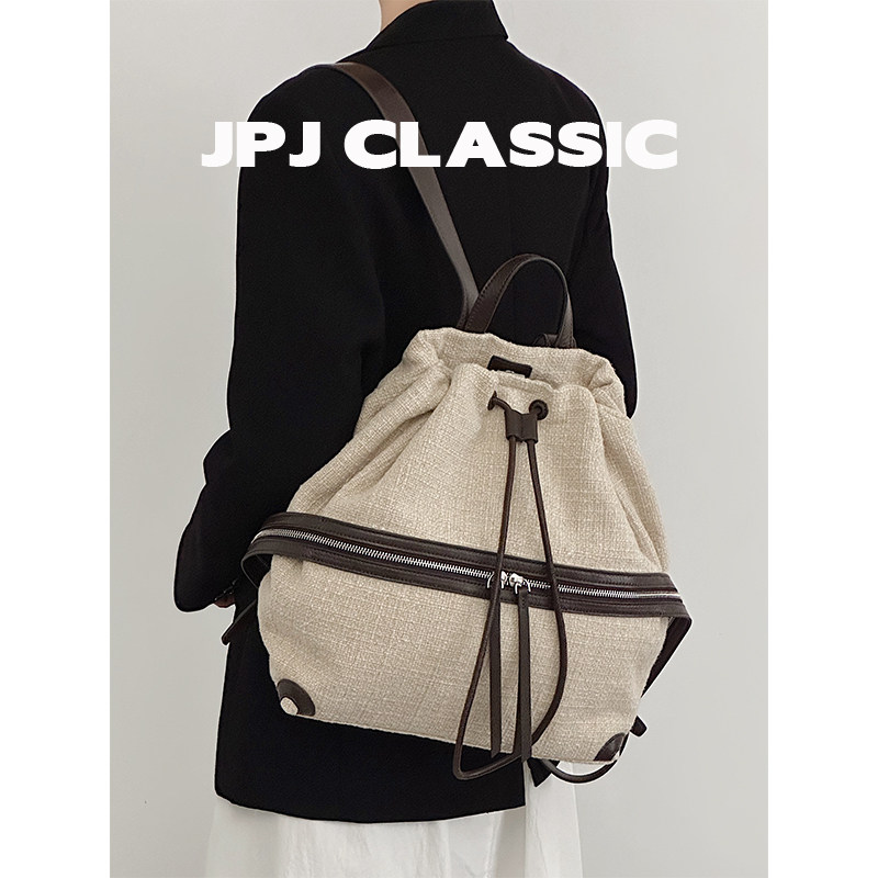 jpjclassic棉麻褶皱双肩包女简约旅游背包大容量百搭水桶包城市风