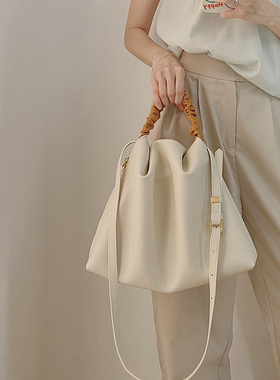 jpjclassic小众设计牛皮褶皱女包韩版单肩斜挎手提云朵包大容量