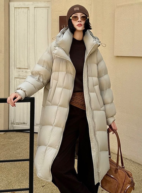冬季新款长款羽绒服女美拉德连帽过膝收腰泡芙纯色白鸭绒外套袄子