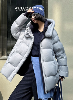 90白鸭绒羽绒服女拼接新款连帽宽松女中长款云朵泡芙保暖连帽外套