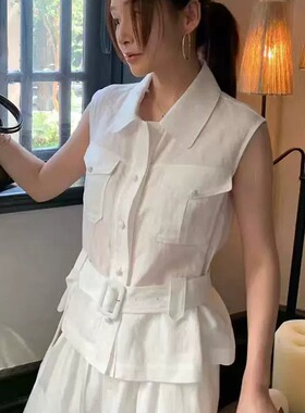 天丝亚麻无袖马甲女春夏新款极简风纯色收腰绑带显瘦松弛感上衣潮