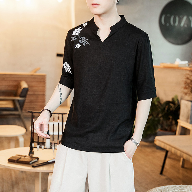 夏季男装亚麻5五分袖汉服中国风枫叶刺绣短袖t恤男宽松半袖上衣服在类目 男装, T恤中 - 来自Buy2taobao.com提供专业的淘宝代购服务