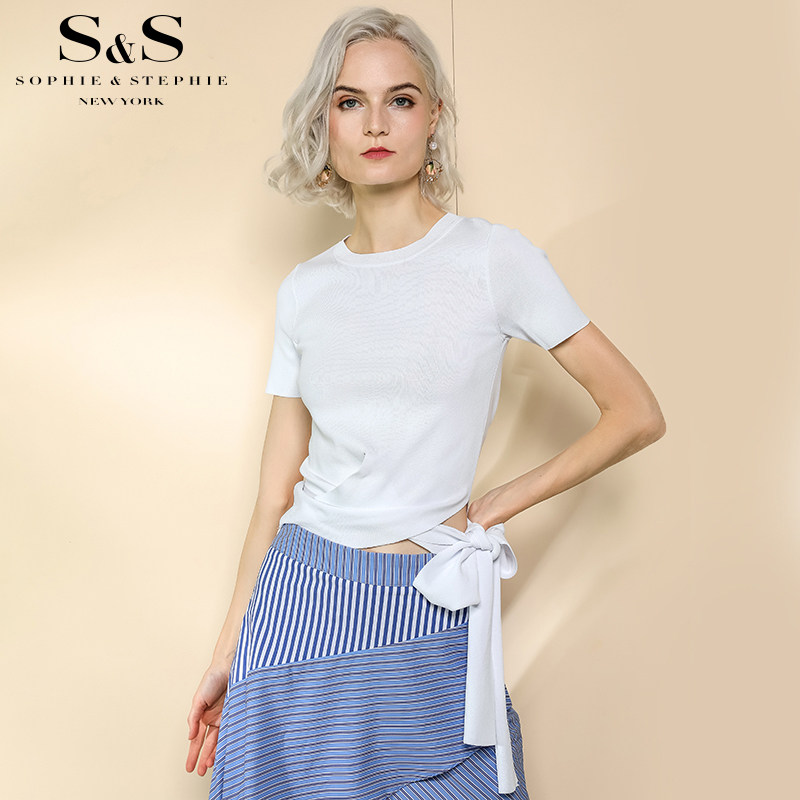 纽约故事 修身针织衫时髦短款个性侧绑带短袖上衣女T恤