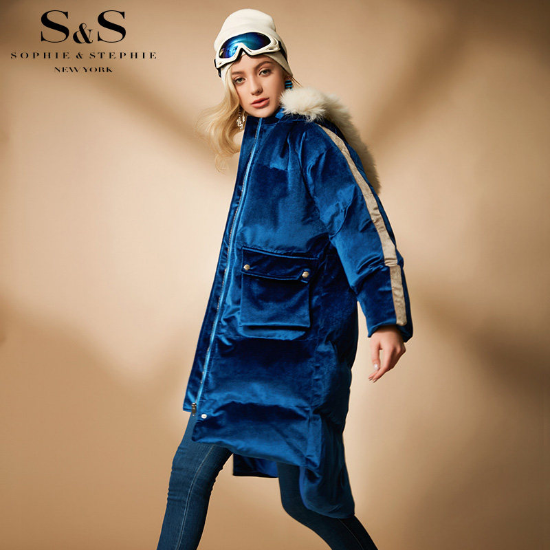 清仓 纽约故事 冬季新款连帽丝绒棉服女中长款毛领时尚保暖