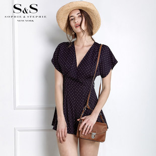 V领印花高腰甜美休闲连身裤 女短款 欧美波点连体裤 纽约故事