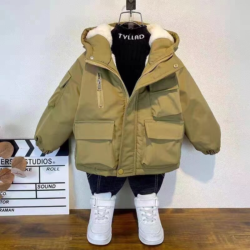 男童加绒棉袄冬装2025新款中大童加厚棉服男孩时尚韩版过冬派克服
