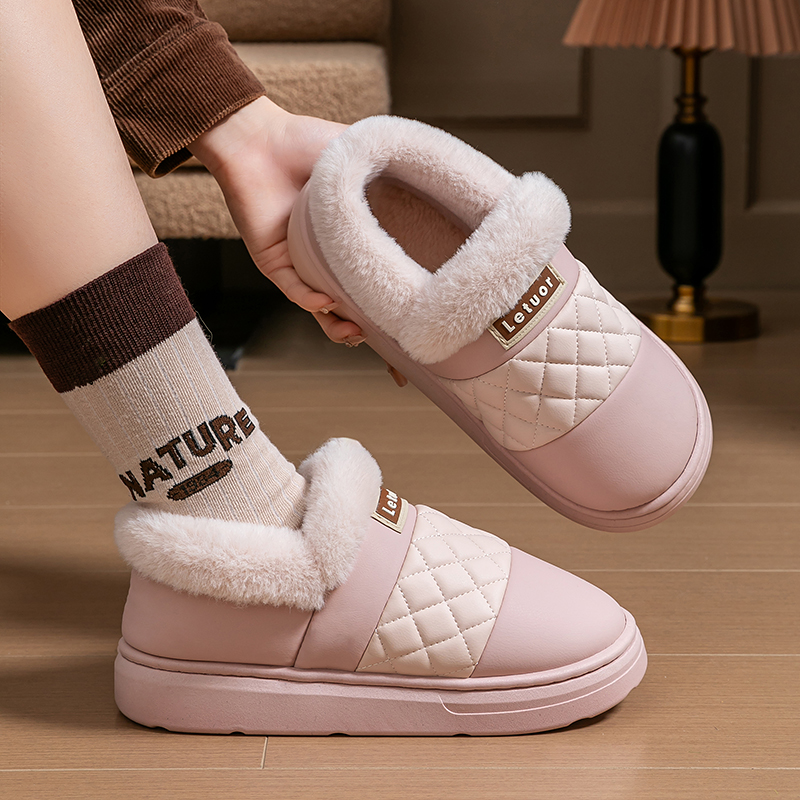 棉拖鞋女秋冬季拼接室内居家防滑保暖外穿厚底舒适情侣款加厚包跟
