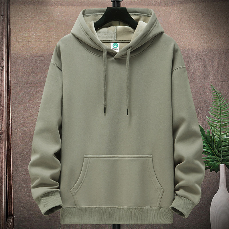 纯棉加绒连帽卫衣男青少年学生纯色美式套头休闲帽衫加厚打底衫冬