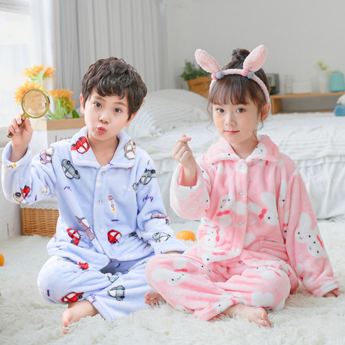 法兰绒睡衣秋冬季男女童套装