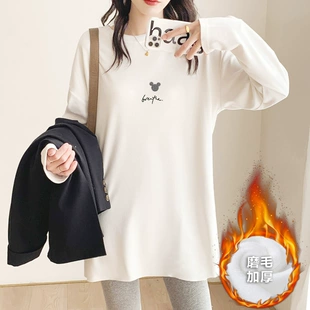 宽松中长款 韩版 打底衫 大码 纯棉磨毛t恤女白色长袖 上衣秋冬季 内搭