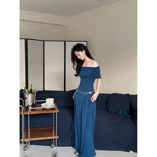 AWMUMU法式高级感一字肩连衣裙女小众纯色修身显瘦生日裙仙女长裙