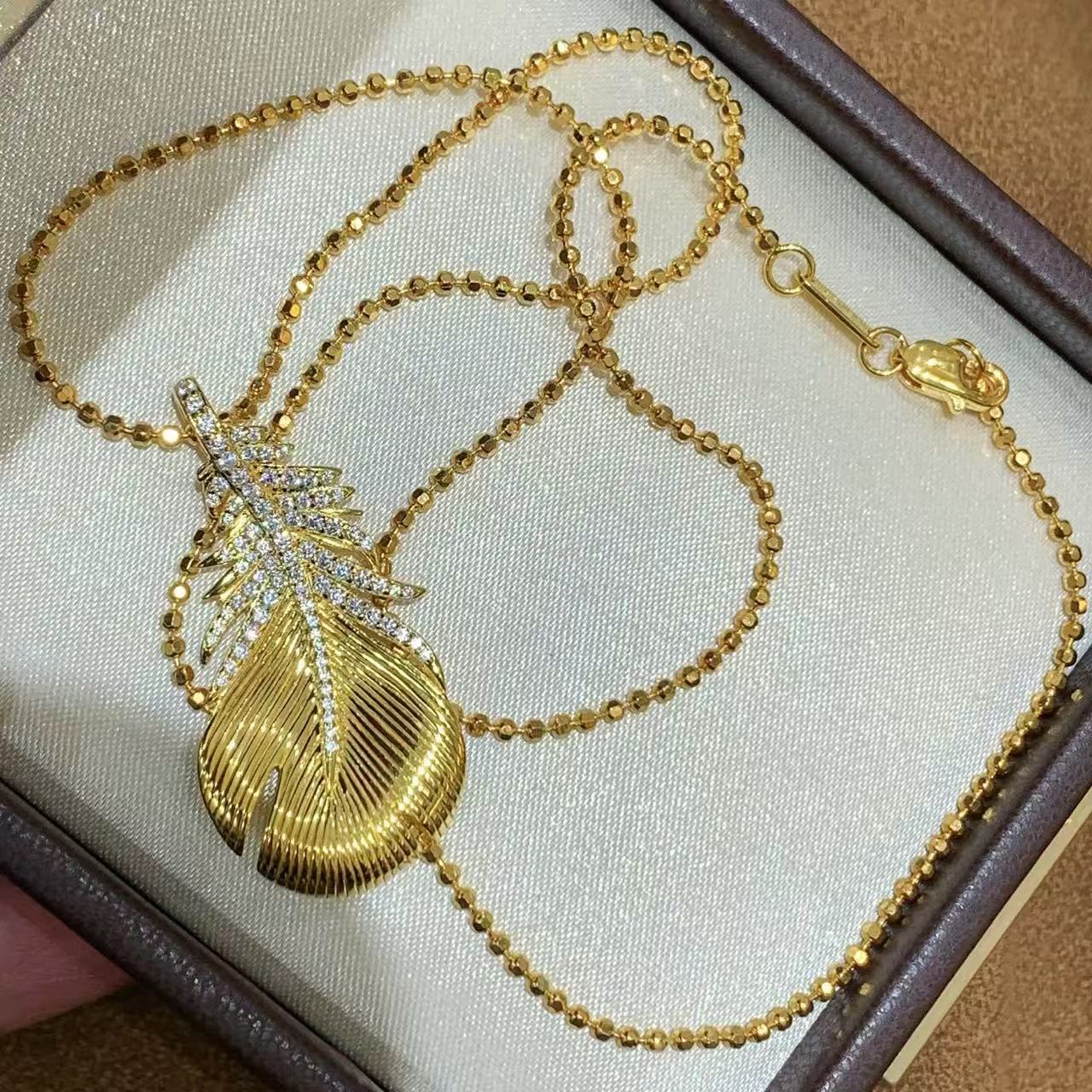 S925纯银精工古法半钻羽毛羽翼项链珠珠链高级复古法式气质锁骨链