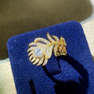 纯银s925孔雀羽毛满钻开口戒指女款高碳钻树叶指环高级感小众戒子