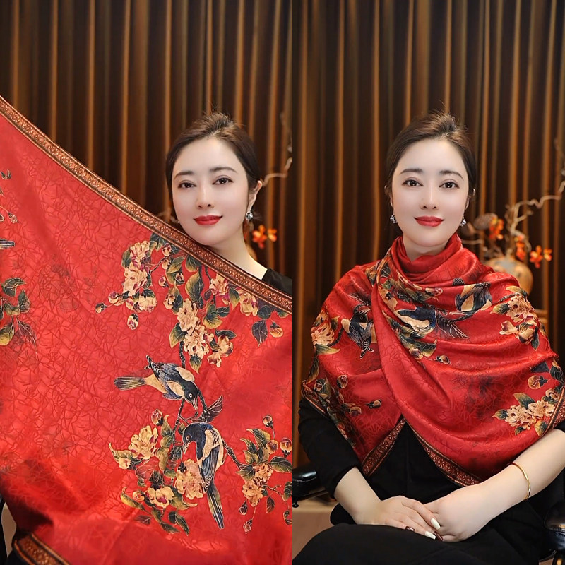 高级感香云纱丝巾女中国风大红色披肩搭配旗袍保暖护颈围巾送妈妈