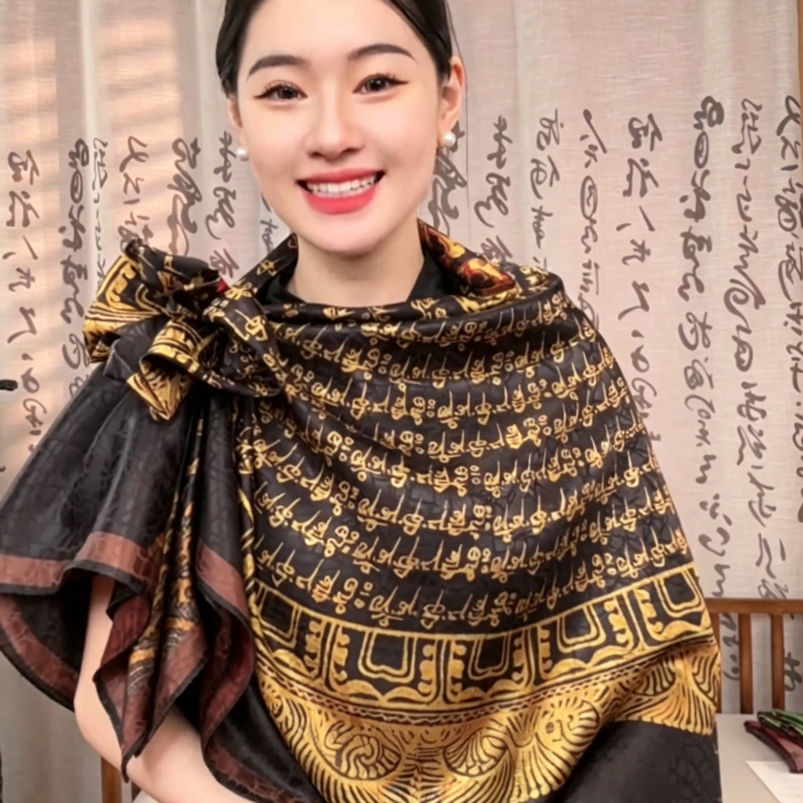 黑金唐卡135cm方巾秋冬气质高级龟裂纹围巾送礼复古国风双面披肩