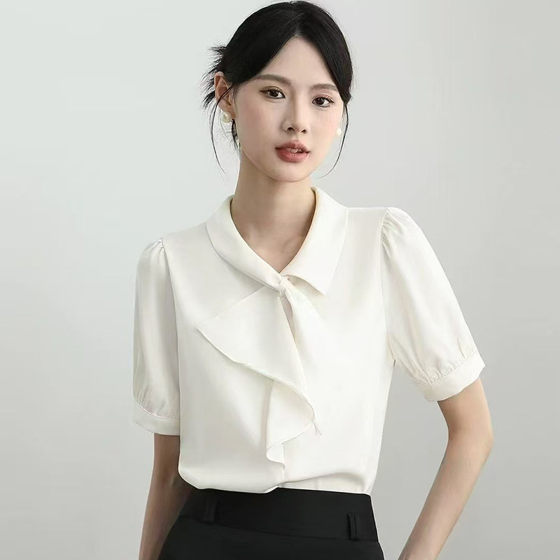 夏季新女装短袖衬衫上衣套头蝴蝶结减龄休闲淑女上班通勤百搭衬衣