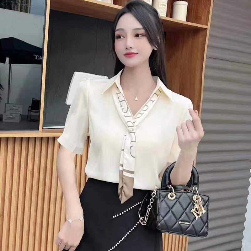 夏季女装短袖衬衫通勤职场上班领带OL气质淑女潮流纯色套头衬衣