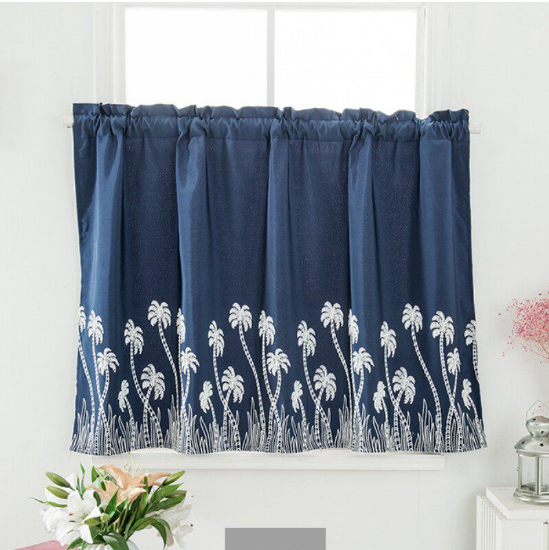 绣花短款窗帘布厨房半遮光免打孔遮挡迷你小窗户卧室阳台定制粘贴