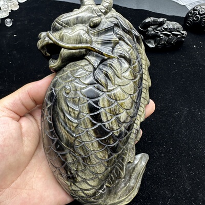 天然黑曜石金曜石雕刻摆件龙鱼 金沙效应强家居风水摆件招财纳福