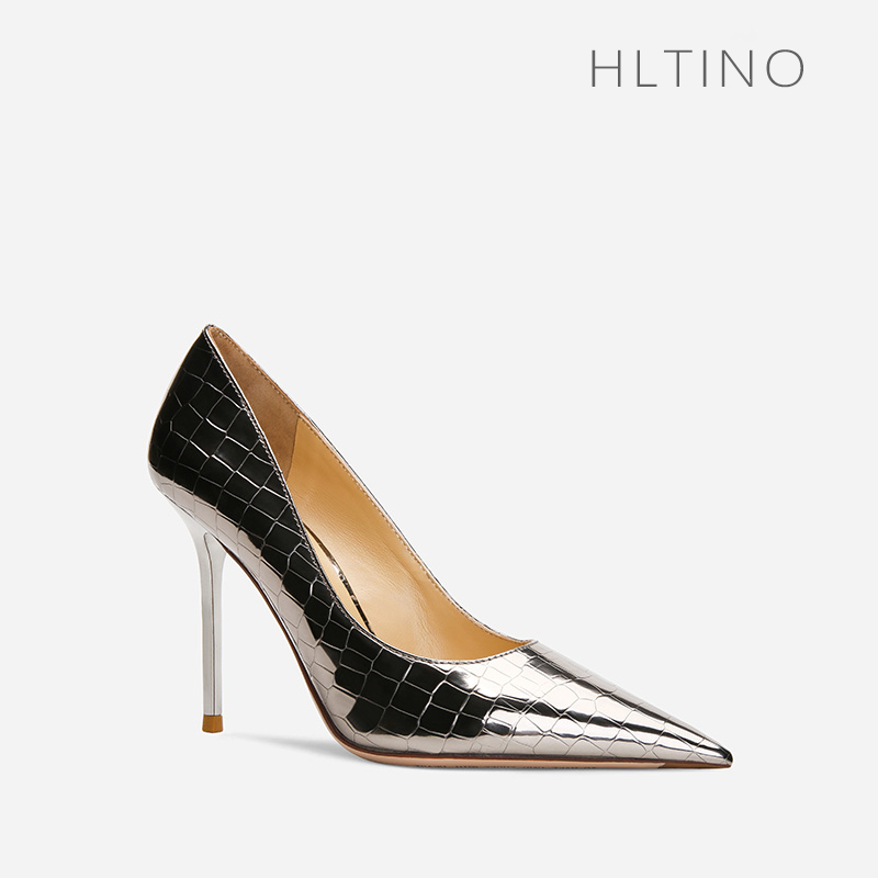 hltino时尚格纹细跟尖头高跟鞋女