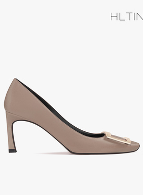 2026夏季新款rv大象灰软皮方头细跟高跟鞋女士浅口气质方扣单鞋子