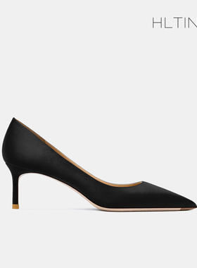 高跟鞋女2021年春秋新款黑色职业细F跟绸缎尖头单鞋工作不磨脚5cm