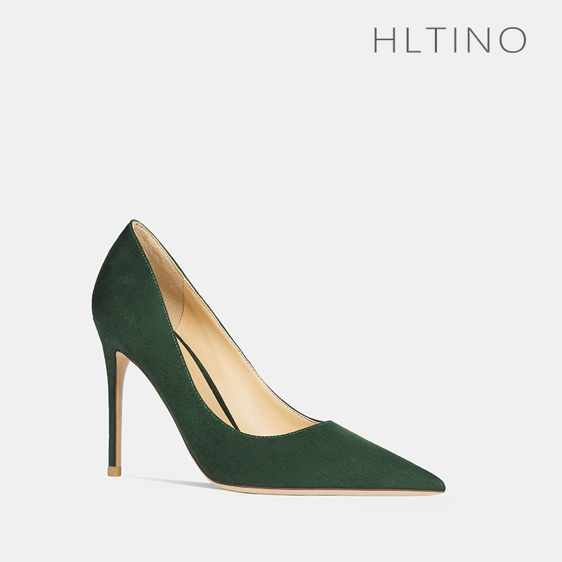 hltino墨绿色绒面细跟高跟单鞋子