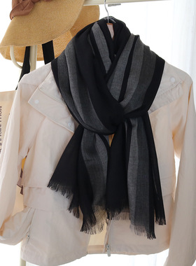 日系围巾女秋冬外贸简约经典英伦风黑色灰条纹棉麻围巾长款男薄款