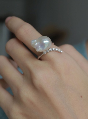 天然巴洛克珍珠纯银戒指女开口女款轻奢小众高颜值日常百搭高级感