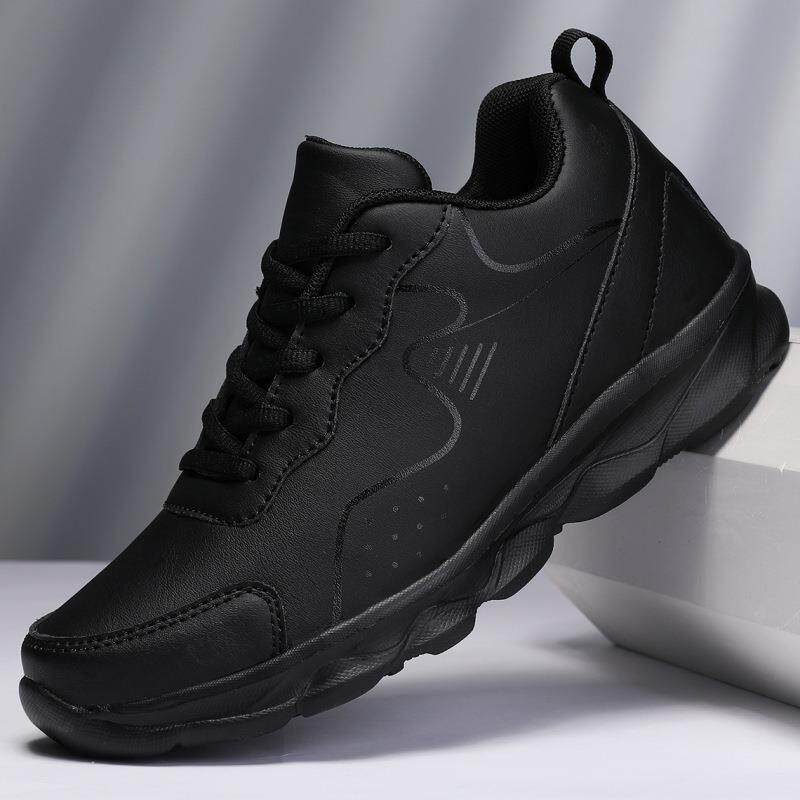 和诚鞋业全黑色运动鞋女秋季新款休闲跑步鞋皮面久站不累脚软底厨