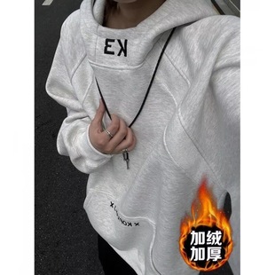 秋冬美式 重磅高领连帽加绒卫衣男女拼接刺绣外套boxy硬挺内搭套头