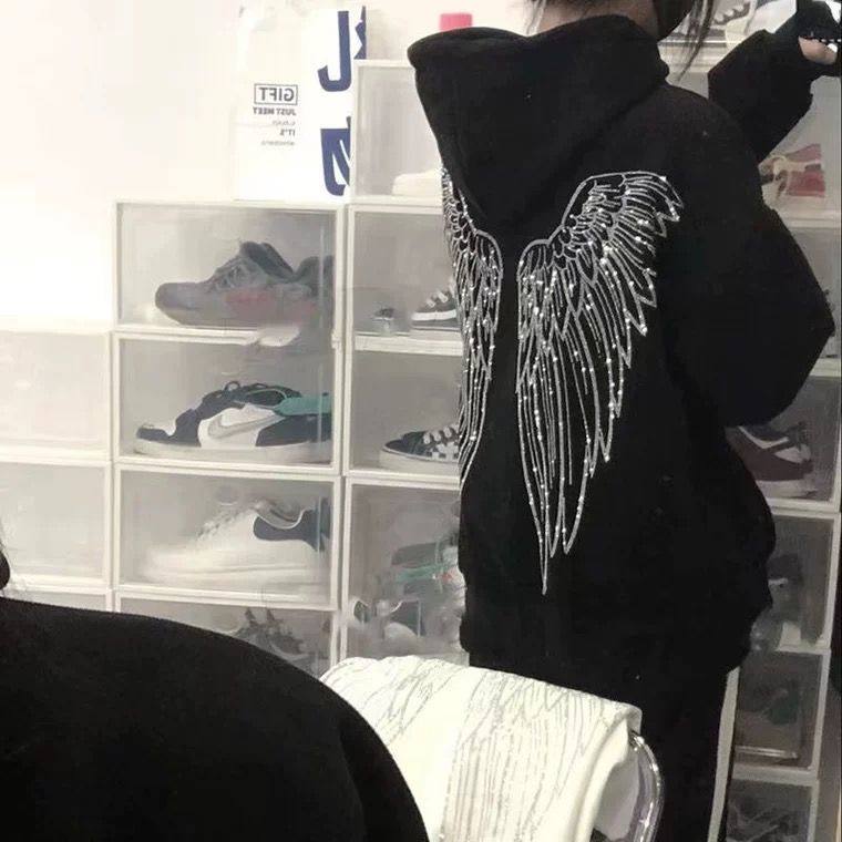 秋冬季烫钻天使翅膀加绒卫衣男女卫衣