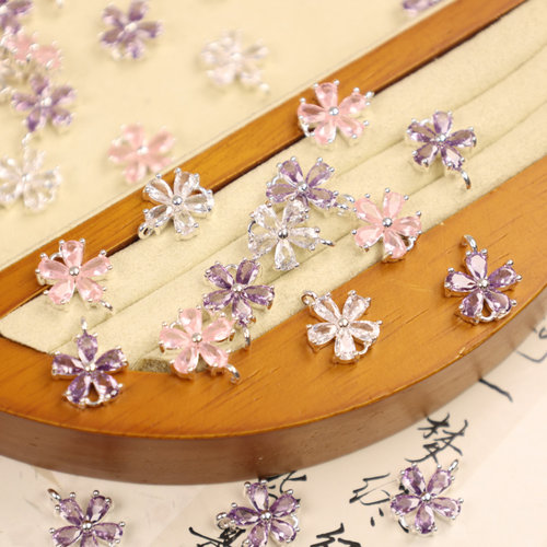 彩锆花朵吊坠 铜镀厚银锆石樱花双吊 diy手链项链饰品挂件